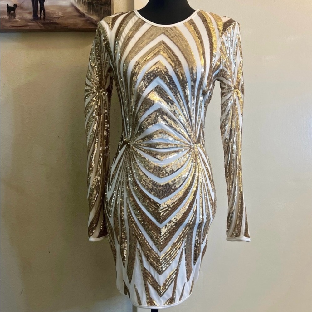Windsor Glam Sequin Long Sleeve Dress - Gold and Cream - Picture 3 of 9